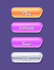 Obraz premium Cartoon board for computer game menu interface. Play, save, options and exit original buttons. Bright user design set, app graphical user interface, navigation objects isolated vector illustration.