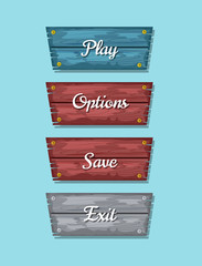 Computer game menu interface cartoon collection. Play, save, options and exit original buttons. Bright user design set, app graphical user interface, navigation objects isolated vector illustration.