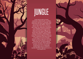 Evening tropical jungle vector background with space for text. Floral landscape, wildlife concept, deep rainforest. Night forest backdrop with trees and bush vector illustration in cartoon style