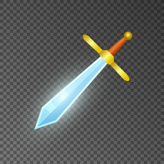 Magic sword isolated game element. Shiny medieval weapon for computer game design. Fight decoration, fantasy battle object vector illustration.