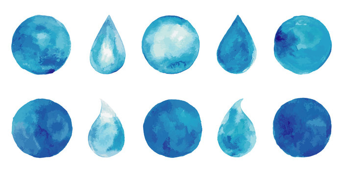 Set of watercolor blue splashes and drops. Blue watercolor spots