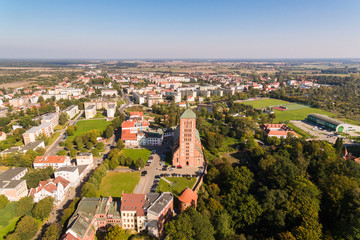 Aerial view of the Church of Saint Catherine of Alexandria in Braniewo, Poland