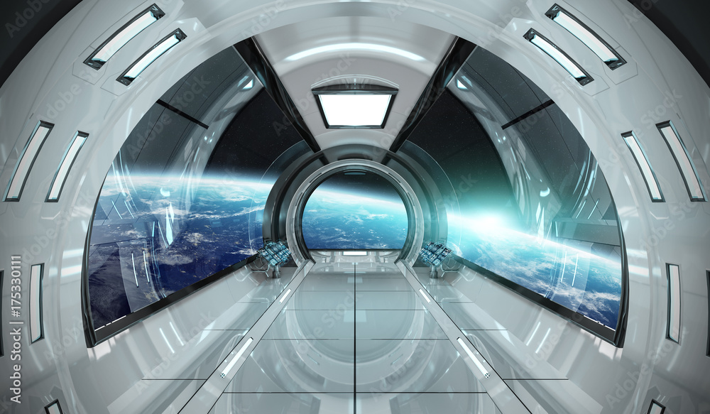 Poster Spaceship interior with view on Earth 3D rendering elements of this image furnished by NASA