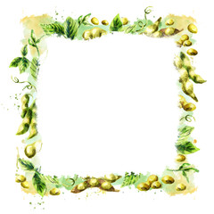 Organic Soybean square background. Watercolor hand drawn template