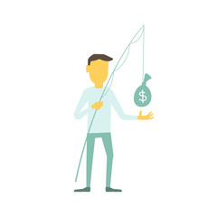 Businessman with a fishing rod caught bag of money. Illustration of a vector.