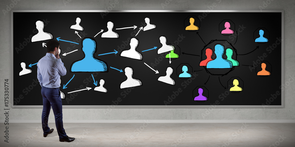 Aufkleber businessman watching social network sketch on a board 3d rendering