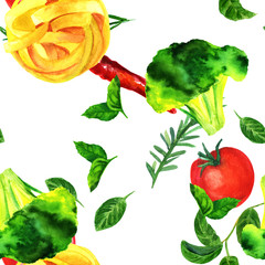 Seamless pattern of watercolour vegan food themed drawings