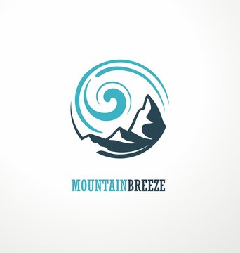 Mountain logo design idea with mountain shape and wind breeze drawing.