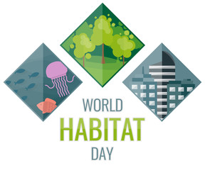 World Habitat Day, October. Cityscape, forest and marine life conceptual illustration vector.