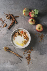 Bowl of milk cereal porridge with additives and butter, served with apples and cinnamon over gray kitchen table. Top view with space
