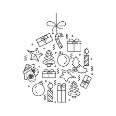 Christmas horizontal banner with tree, gifts, decorations in form of ball. Flat line art. Vector illustration.