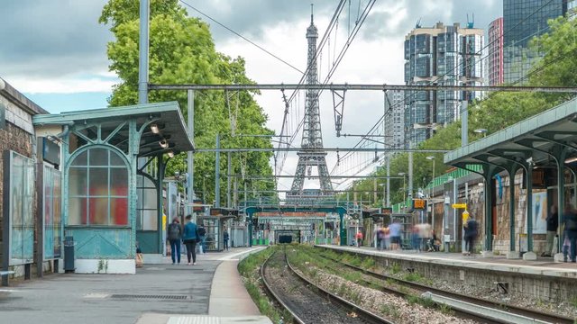 Javel train station with Eiffel tower on background timelapse. Paris, France