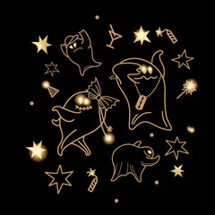 Halloween print with ghosts in cartoon style. Shining ghosts on a black background.
