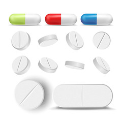Capsule Pills And Drugs Set Vector. Pharmaceutical Drugs And Vitamin. Isolated On White Illustration