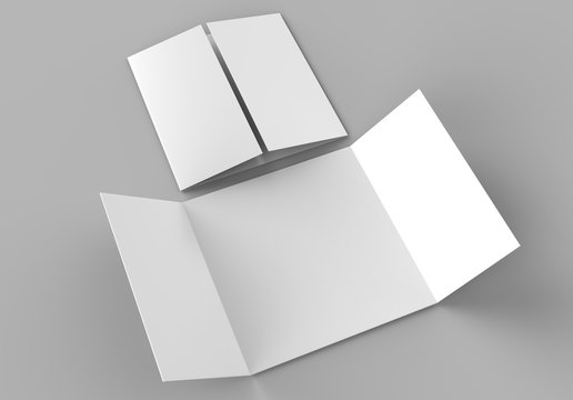 Square single open gate fold brochure, 3 panel and six pages leaflet. blank white 3d render illustration.
