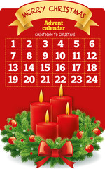 Christmas advent calendar with wreath and burning candles