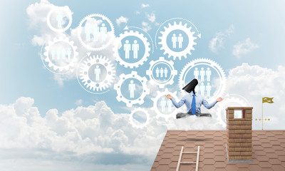 Concept of security and privacy protection with camera headed man meditating