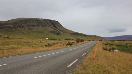 Road and mountain at the west coast of Iceland.