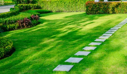 Foto op Plexiglas Pad in de tuin, groene gazons met bakstenen paden, tuinlandschapsontwerp © singjai