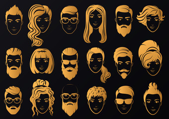 Vector golden logo of luxury men with stylish beards and women with beautiful hair logos isolated on the transperant alpha background.