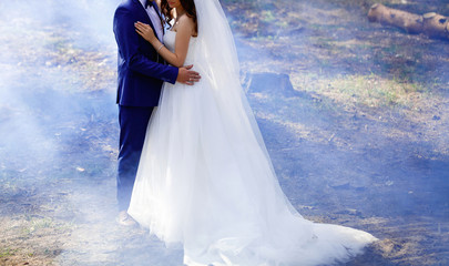Fototapeta na wymiar Wedding couple posing near rocks with colored smoke behind them