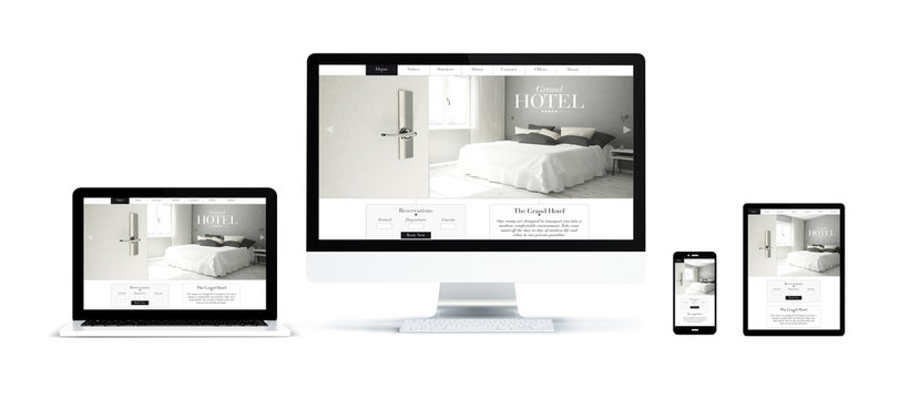 realistic devices isolated with hotel landing page