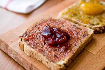 Damson Plum Jam on bread with Apricot jam