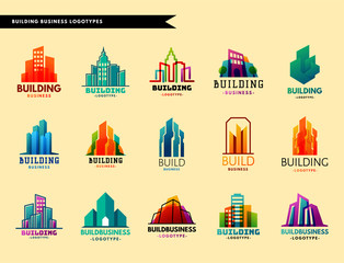Fototapeta premium Skyscrapers buildings label tower office city architecture badge house business apartment vector illustration