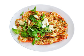 spicy grilled river shrimp ,Thai cuisine, isolated on white background with clipping path