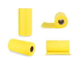 Top view of yellow felt fabric roll isolated on white background.