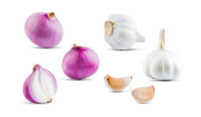 Fresh garlic and onion isolated on white background. Collection