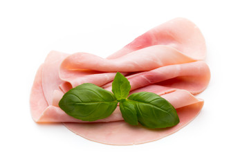 Sliced boiled ham sausage isolated on white background, top view.