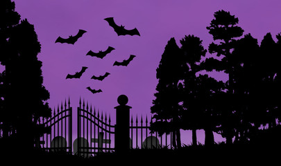 Fototapeta na wymiar Halloween cimetière entrée portail arbres