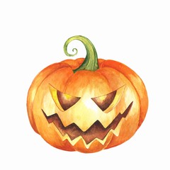 Scary Jack o Lantern halloween pumpkin. Watercolor illustration, isolated on white