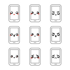 Set, collection of kawaii japanese phone emoticons, emoji isolated on white background.
