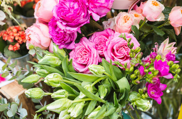 Pink roses on a flower market
