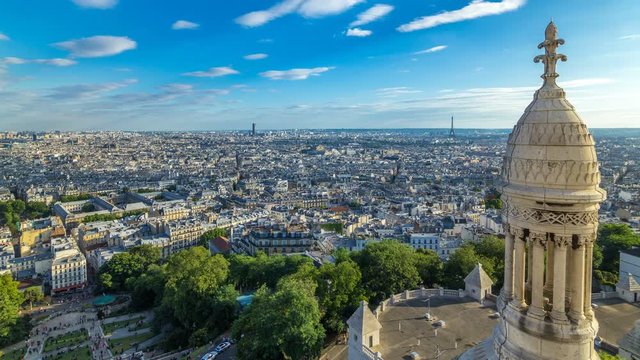 Panorama of Paris timelapse, France. Top view from Sacred Heart Basilica of Montmartre Sacre-Coeur .