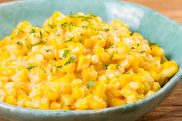 Creamed skillet corn. Corn dish, horizontal
