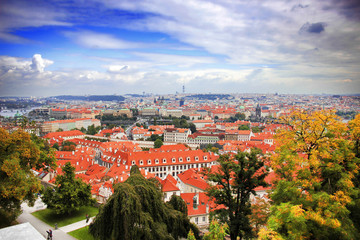 Fototapeta premium Top view to red tile roofs of Prague city Czech republic. Typical Prague houses. Wide angle panorama.
