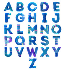 Plasticine letters, volumetric, in marine or winter style, for children's design