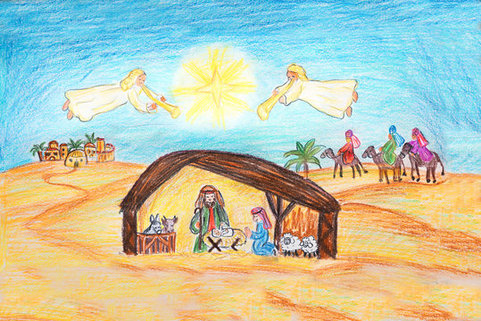 weihnachtliche Zeichnung - Krippenszene mit Engeln, Drei Weisen und Bethlehem