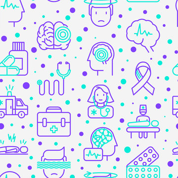 Epilepsy seamless pattern with thin line icons of symptoms and treatments: convulsion, disorder, dizziness, brain scan. World epilepsy day. Vector illustration for banner, web page, print media.