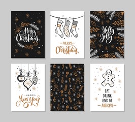 Set Christmas and Happy New Year greeting cards with handwritten calligraphy and decorative elements.