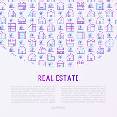 Real estate concept with thin line houses and trees. Modern vector illustration for background of banner, web page, print media.
