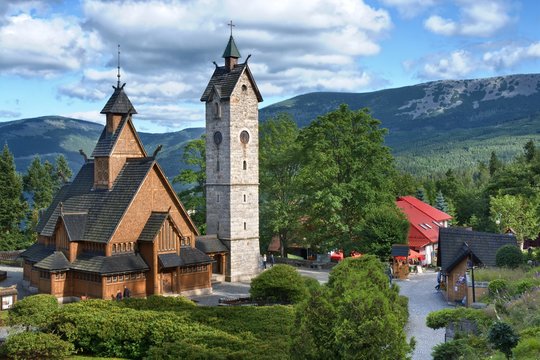 Medieval Norwegian stave church transferred from Vang in Norway and re-erected in 1842 in Karpacz, Poland