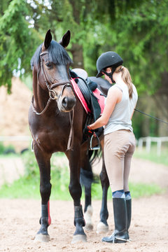Young teenage girl owner harnessing chestnut stallion at stable place