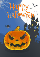 Jack pumpkin on blue BG illustration for halloween