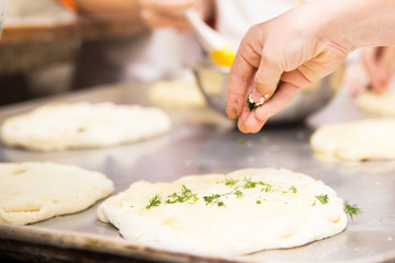 Production of flour products. Hands close up