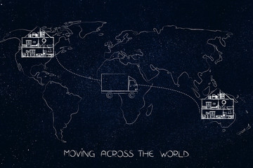 map with houses and movers truck going from one continent to another