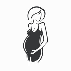Drawing linear beautiful pregnant girl in dark clothes. Birth of a child. Vector graphic illustration, draw black and white silhouette for design.